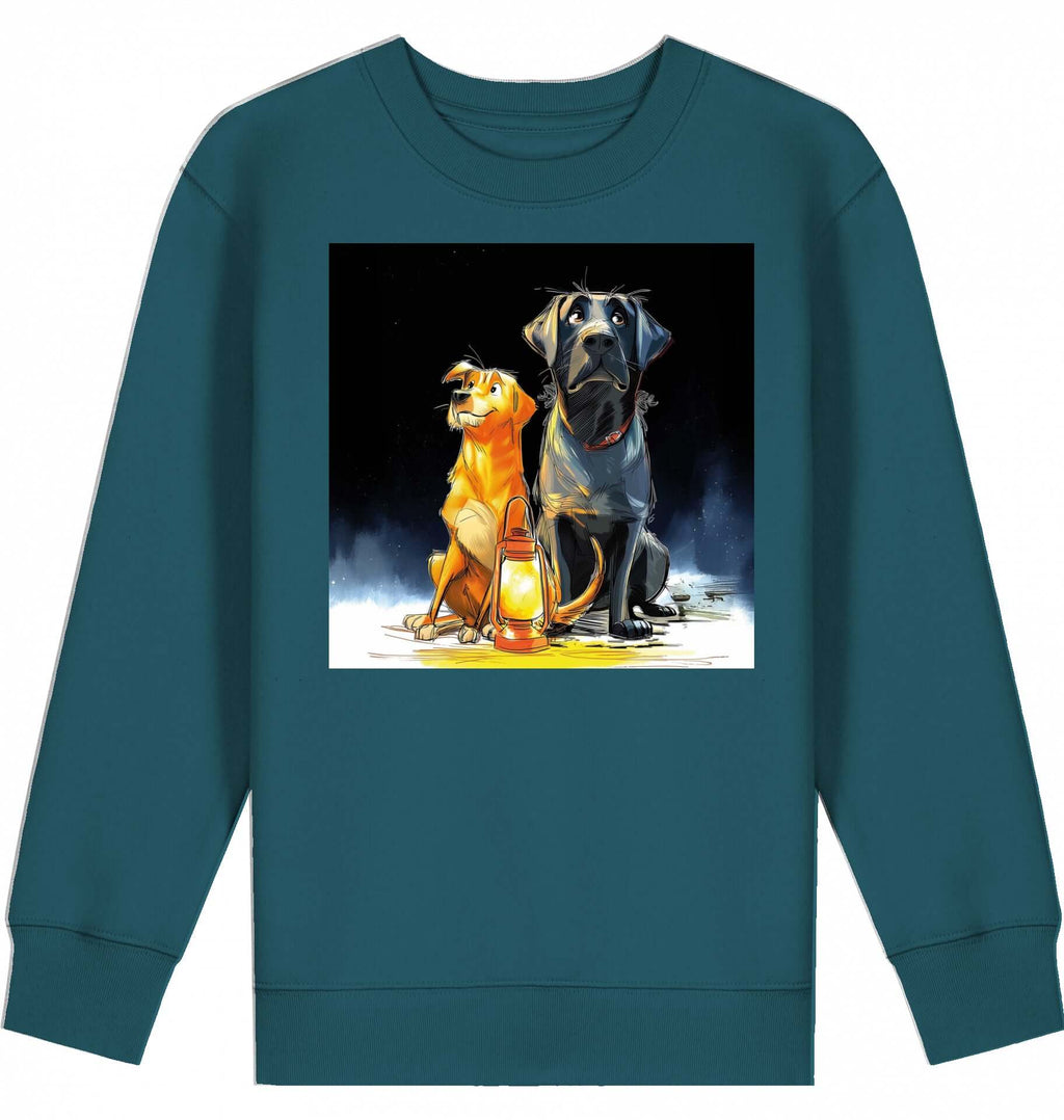 Kids Sweatshirt | Batida & Foxi letzer Abend featuring two cartoon dogs beside a lantern on a blue crewneck sweatshirt.
