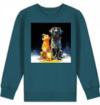 Kids Sweatshirt | Batida & Foxi letzer Abend featuring two cartoon dogs beside a lantern on a blue crewneck sweatshirt.