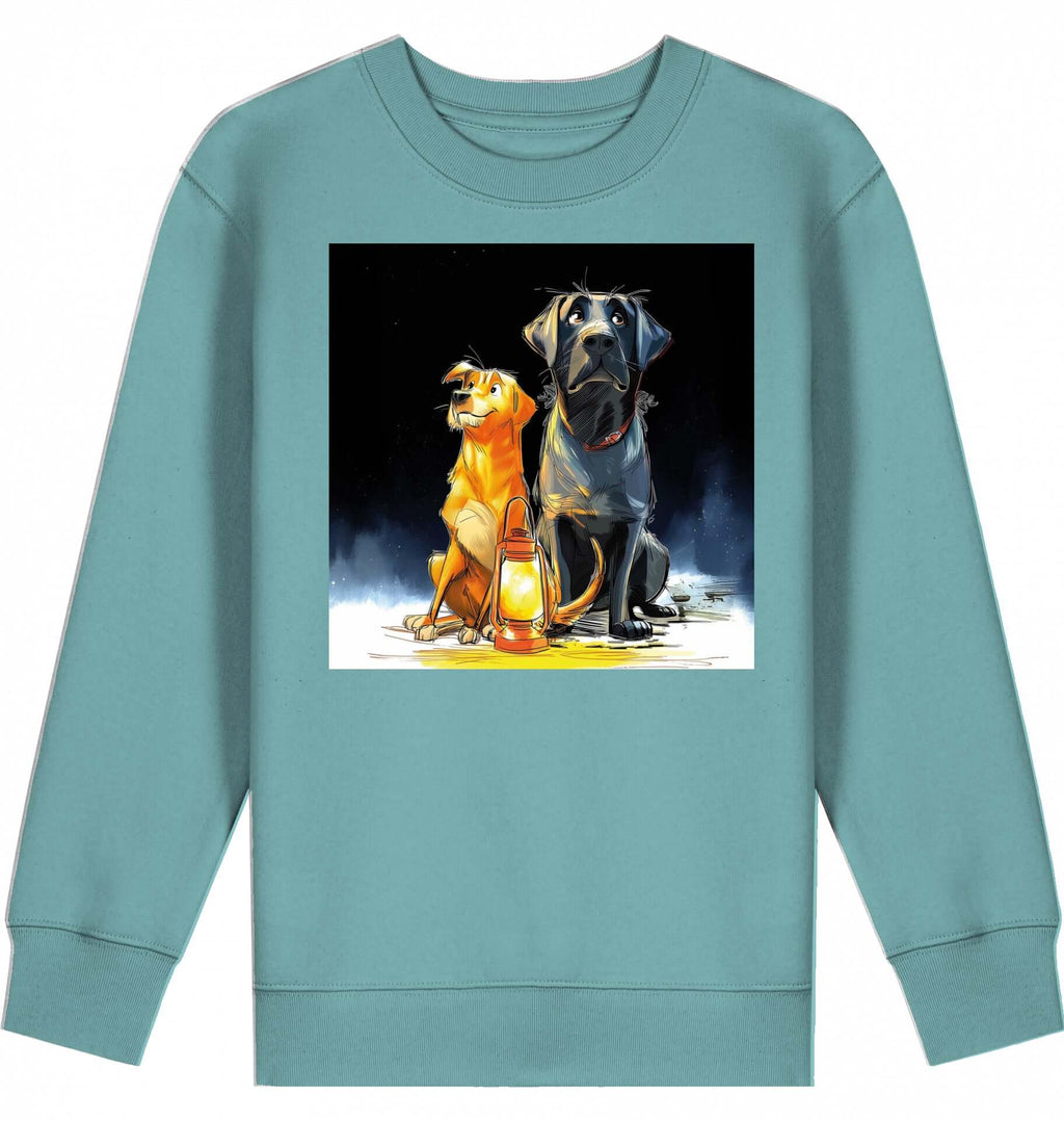 Kids Sweatshirt | Batida & Foxi letzer Abend in teal featuring a graphic of two dogs with a lantern.