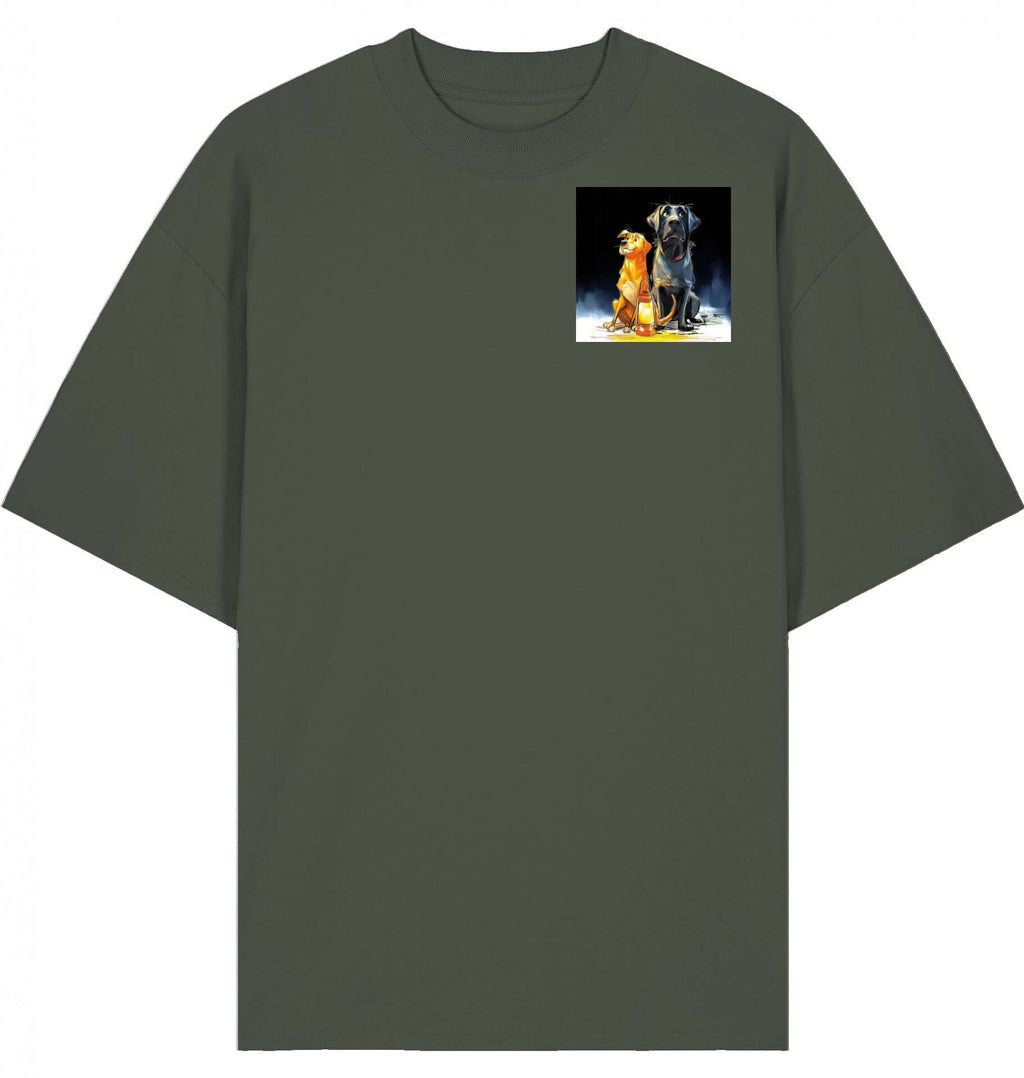 Unisex Loose Fit T-Shirt | Laternenmoment mit Batida & Foxi in khaki with dog graphic design on chest.
