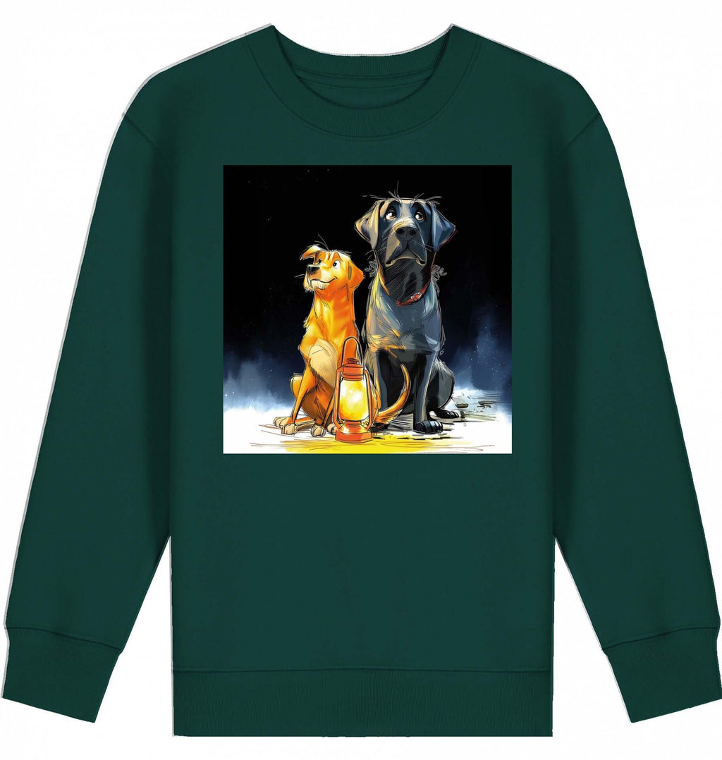 Kids Sweatshirt | Batida & Foxi letzer Abend with cartoon dogs and lantern on glazed green background.