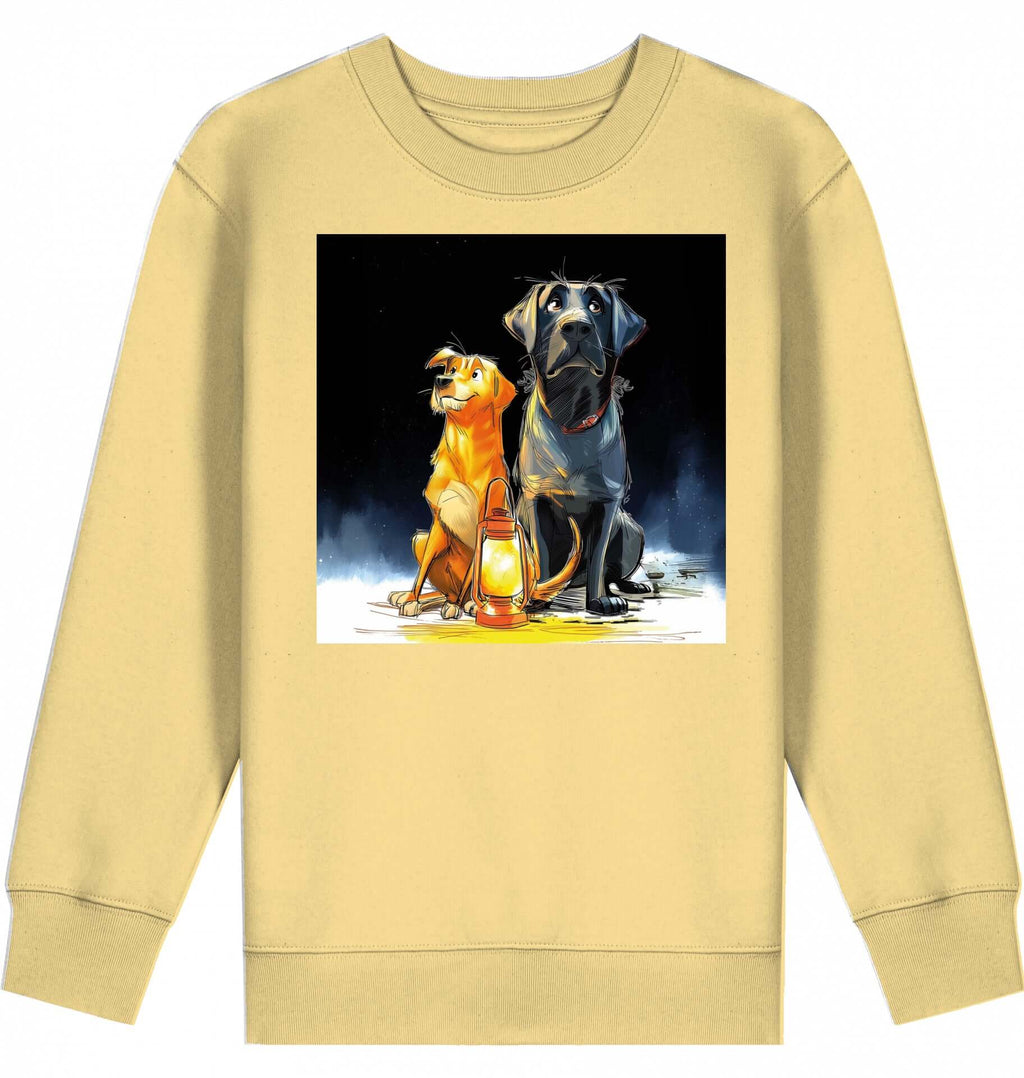 Kids Sweatshirt | Batida & Foxi letzer Abend in Viva Yellow featuring adorable cartoon dogs with lantern.
