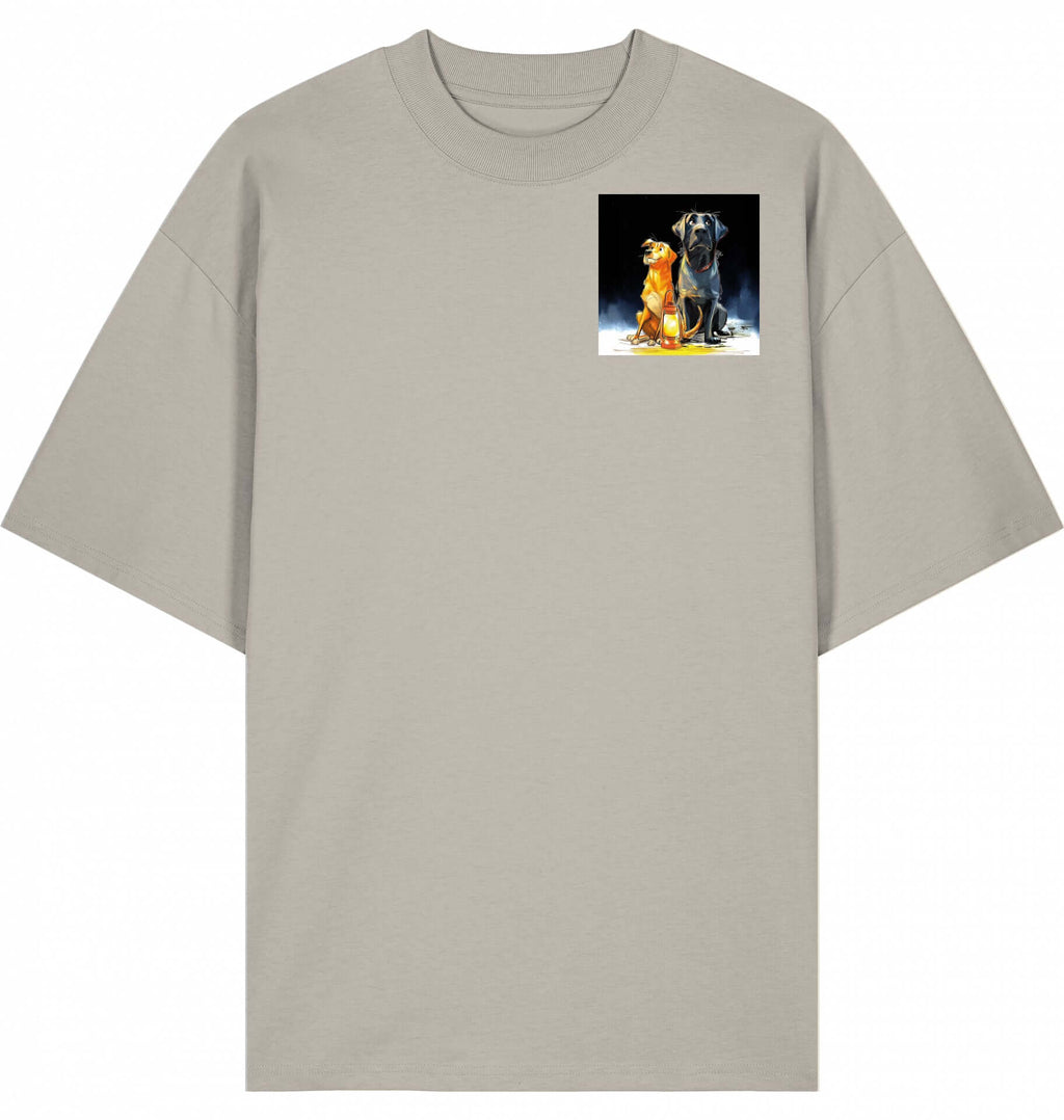 Unisex Loose Fit T-Shirt | Laternenmoment mit Batida & Foxi in Stone color featuring unique dog art print.
