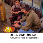 Atago Grill, die All-in-One-Lösung für Grill, Ofen, Herd und Feuerschale bei Outdoor-Aktivitäten.