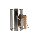 Anzündkamin für Holzkohle schnell aus Edelstahl mit Holzgriff und optimaler Luftzufuhr.