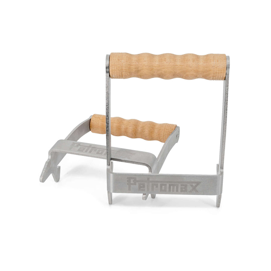 Tragegriff für Tyropit und Pyron aus robustem Edelstahl mit ergonomischen Holzgriffen.
