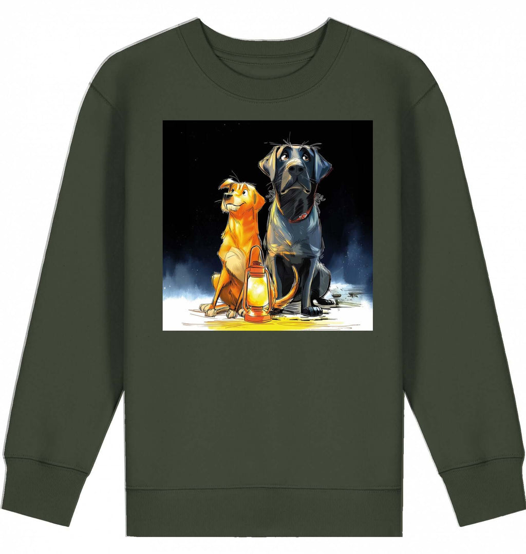 Kids Sweatshirt | Batida & Foxi letzer Abend featuring illustrated dogs with lantern on khaki crewneck.