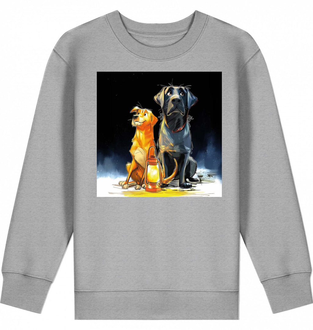 Kids Sweatshirt | Batida & Foxi letzer Abend in Heather Grey featuring animated dogs and a lantern design.