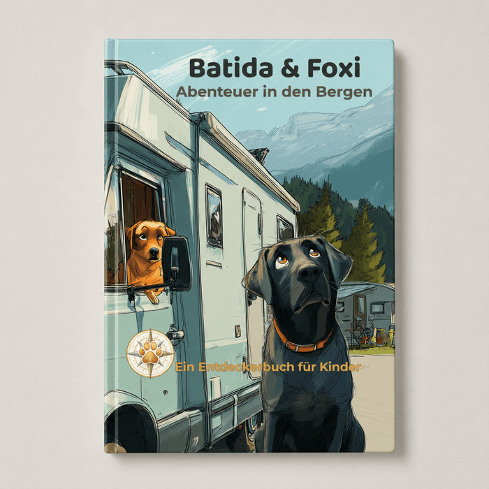 Batida & Foxi Kinderbuch – Abenteuer in den Bergen, Cover mit zwei Labradore vor einem Wohnmobil in den Tiroler Bergen.