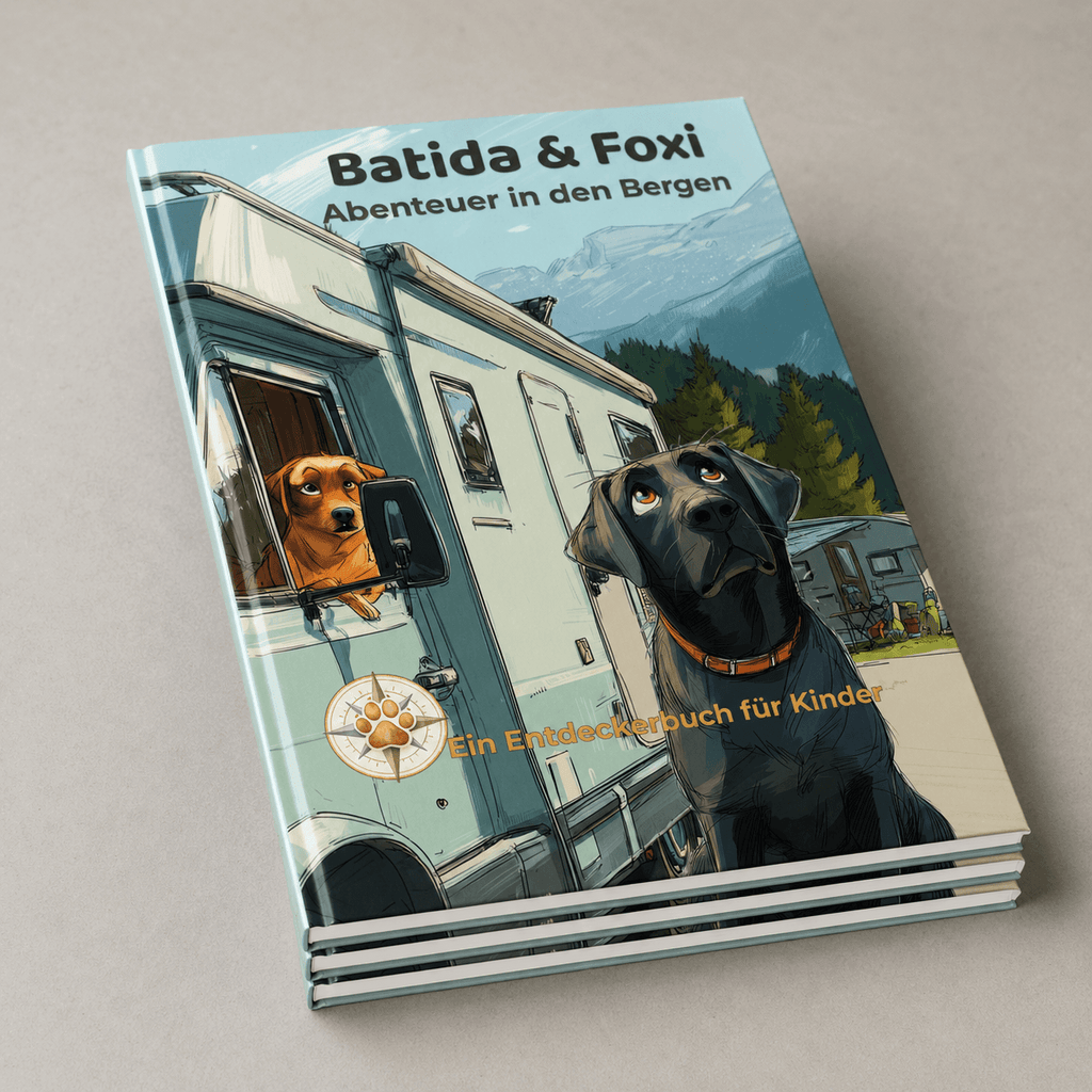 Cover des Batida & Foxi Kinderbuch – Abenteuer in den Bergen mit zwei Labradoren und einer Wohnmobil-Szene.