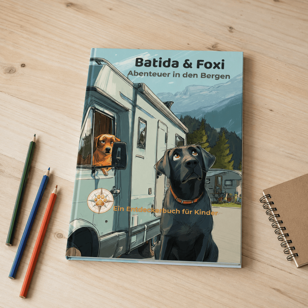 Batida & Foxi Kinderbuch – Abenteuer in den Bergen Cover mit zwei Labrador-Hunden und Wohnmobil in den Tiroler Bergen.
