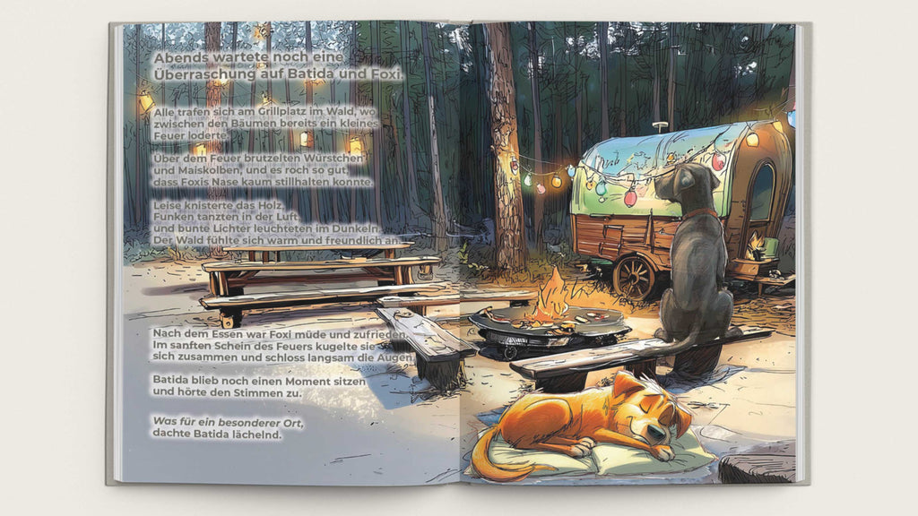 Illustration aus "Batida & Foxi – Ein Abenteuer in den Bergen" mit den Hunden Batida und Foxi beim Camping.