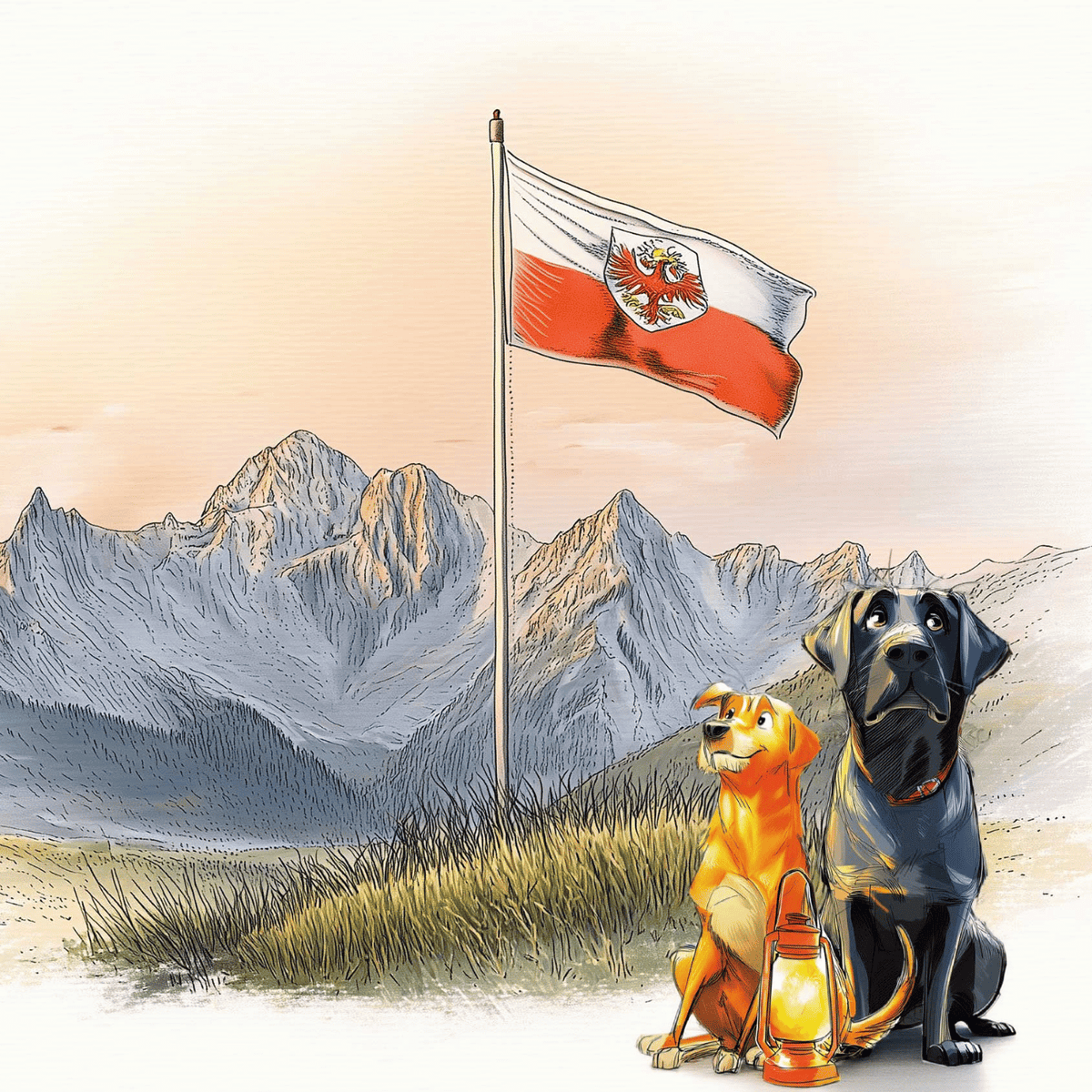 Batida und Foxi vor einer Tiroler Bergkulisse