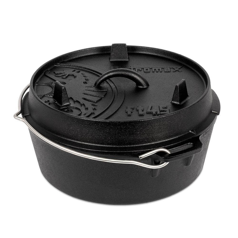 Feuertopf (Dutch Oven) in schwarzem Gusseisen mit Deckel, ideal für Outdoor-Kochen und lange Abende am Feuer.
