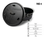 Petromax Feuertopf (Dutch Oven) mit Deckel und Maßangaben für ideales Kochen im Freien.