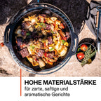 Feuertopf (Dutch Oven) mit zarten, saftigen und aromatischen Gerichten aus Gusseisen.