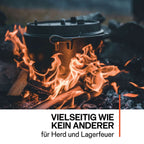 Feuertopf (Dutch Oven) über offenem Feuer, ideal für Herd und Lagerfeuer, perfekt für geselliges Kochen.